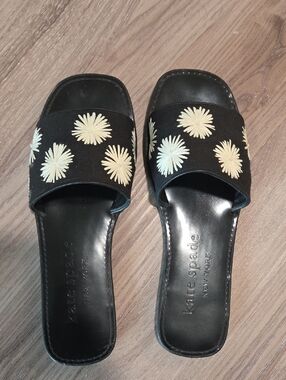 kate spade Black Slide Sandals with Cream Floral Appliqués